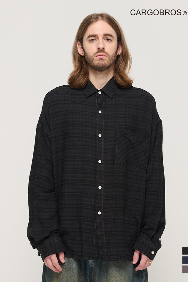 CARGOBROS - 긴팔셔츠 - VINTAGE ROLLING BOXY OVERSIZED CHECK SHIRT (BLACK)