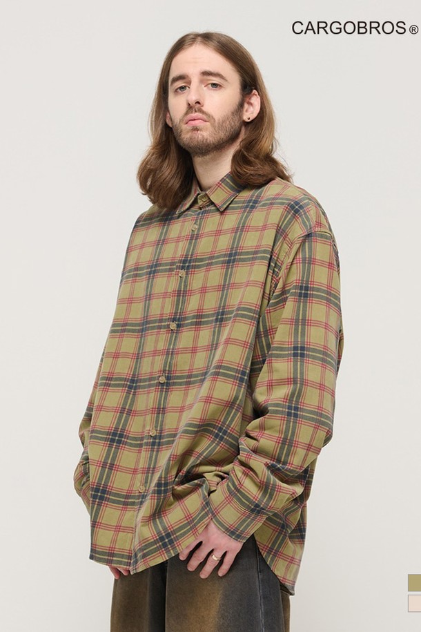 CARGOBROS - 긴팔셔츠 - CORDUROY CLASSIC LOOSE FIT CHECK SHIRT (KHAKI)