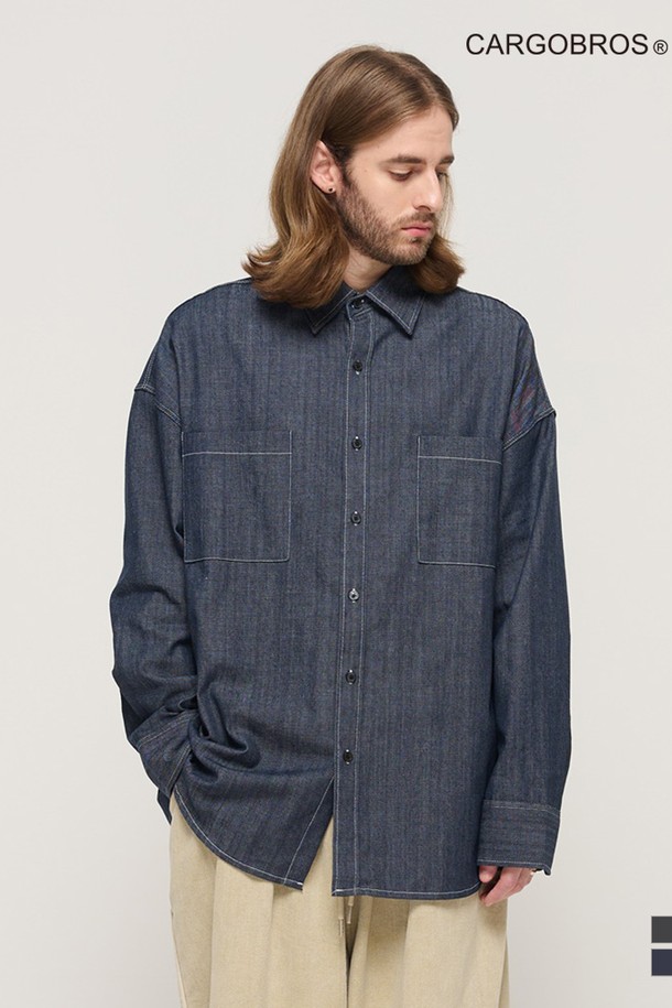 CARGOBROS - 긴팔셔츠 - STITCH DENIM LONG SLEEVE OVERSHIRT (BLUE)