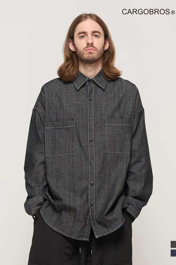 CARGOBROS - 긴팔셔츠 - STITCH DENIM LONG SLEEVE OVERSHIRT (BLACK)