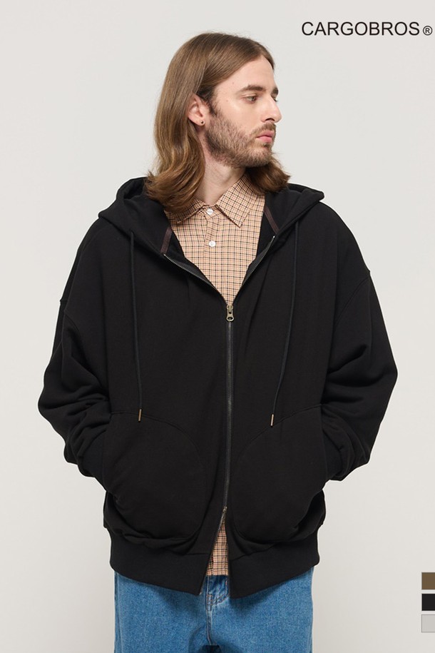 CARGOBROS - 후디 - CIRCLE POCKET OVER FIT  HOOD ZIP UP (BLACK)