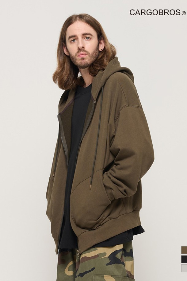 CARGOBROS - 후디 - CIRCLE POCKET OVER FIT  HOOD ZIP UP (KHAKI)