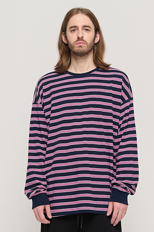 CARGOBROS - 긴팔티셔츠 - STRIPE OVER LONG SLEEVE TEE  (NAVY/PINK)