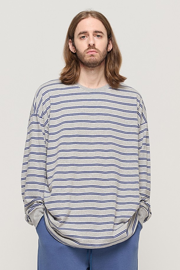 CARGOBROS - 긴팔티셔츠 - STRIPE OVER LONG SLEEVE TEE  (GRAY/BLUE)