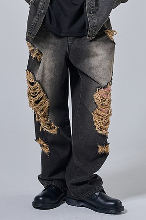 빈티지 디스트로이드 힙 와이드 데님팬츠 (흑청)