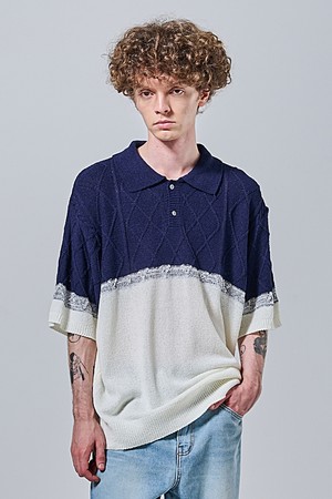 하프 배색 카라 반팔니트 (네이비)