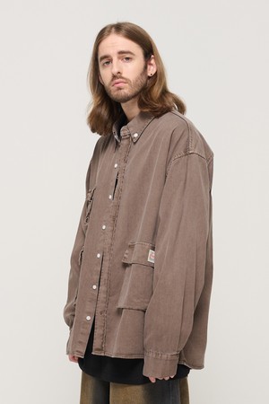 PIGMENT WASHED MULTI-POCKET WORK SHIRT (BROWN)