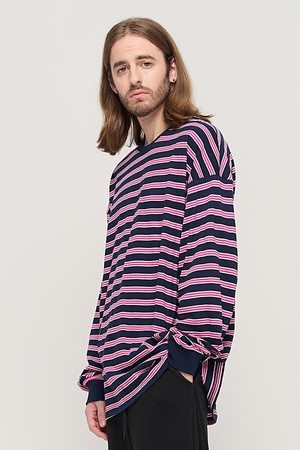 STRIPE OVER LONG SLEEVE TEE  (NAVY/PINK)