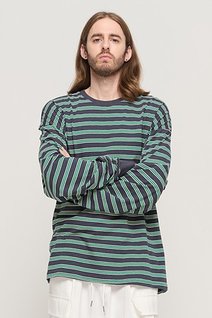 STRIPE OVER LONG SLEEVE TEE  (CHARCHOL/GREEN)