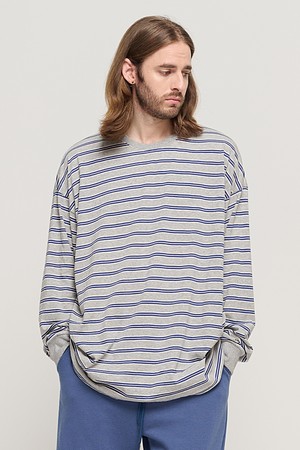 STRIPE OVER LONG SLEEVE TEE  (GRAY/BLUE)