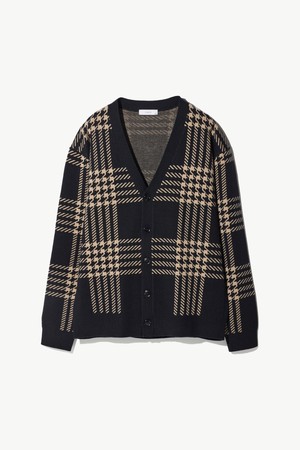 안티 필링_Y넥 체크 가디건 블랙