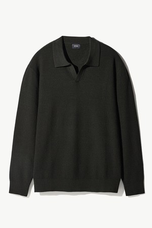 찰떡_와플조직 오픈카라 니트 카키 (세미오버핏)