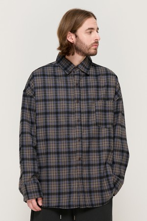 PEACH COTTON CHECK OVER FIT SHIRT  (GRAY)