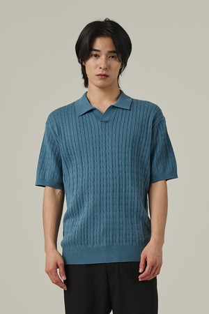 케이블 오픈카라 반팔니트 (블루)