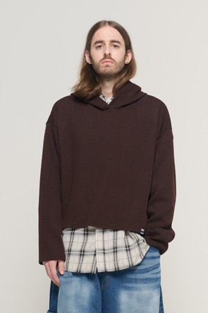HOOD CROP LAYERED LONG-SLEEVE KNIT (BROWN)