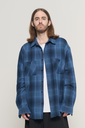 PEACH COTTON FLANNEL OVERFIT CHECK SHIRT (NAVY)