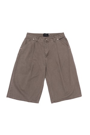COTTON WIDE CURVED HALF DENIM PANTS (BROWN)