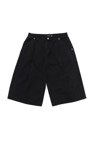 COTTON WIDE CURVED HALF DENIM PANTS (BLACK)