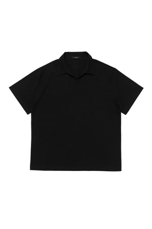 LINEN OPEN COLLAR SHORT SLEEVE SHIRT (BLACK)