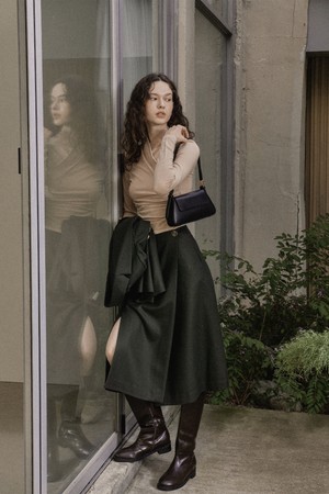 WOOL TWILL SETUP SKIRT_DEEP KAHKI