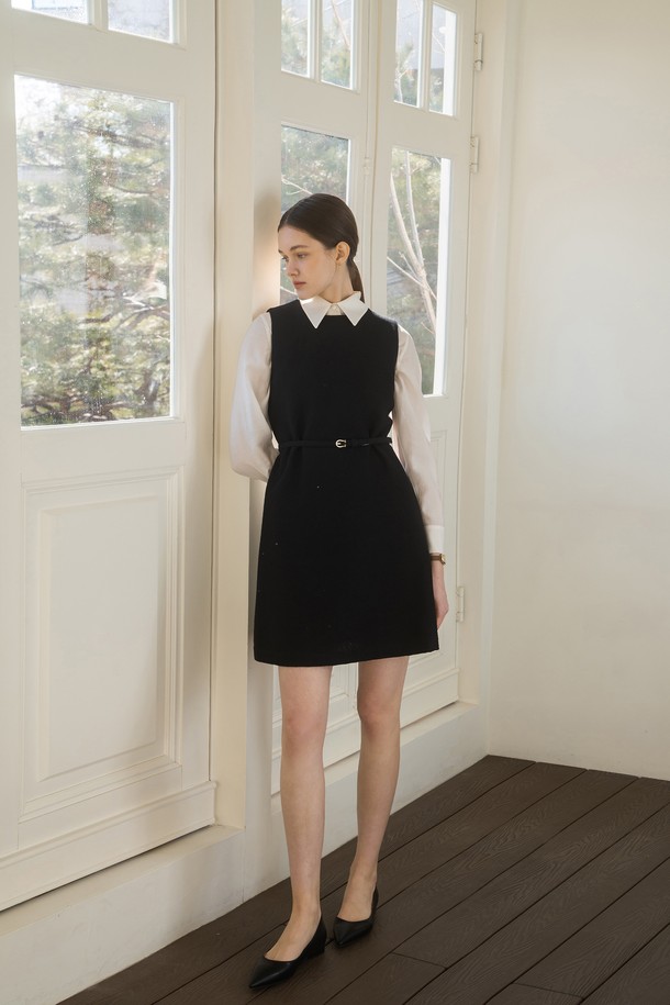 cle - 민소매 원피스 - BELTED COTTON TWEED DRESS - BLACK