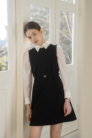 BELTED COTTON TWEED DRESS - BLACK