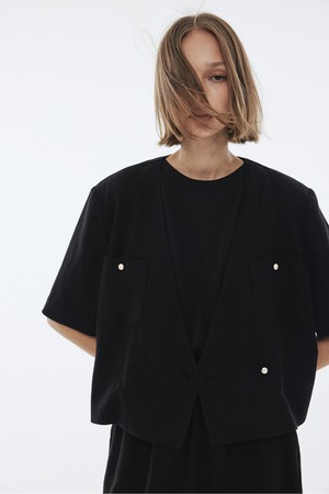 Collarless Linen Summer Jacket (Black)