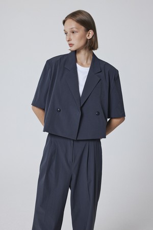 Crinkle Half Sleeve Cropped Blazer (Blue Grey)