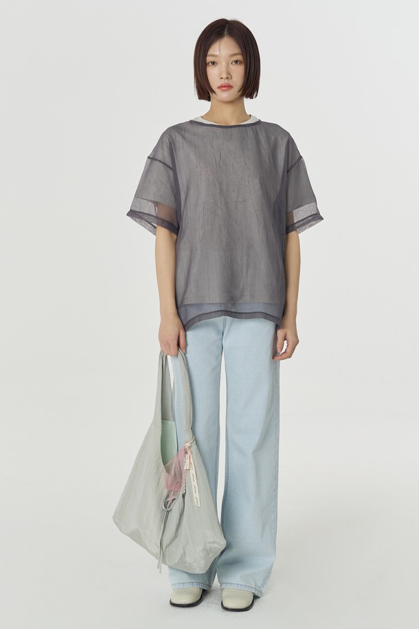 Juliapepe - 반소매 티셔츠 - See-through Layered Top (Charcoal)