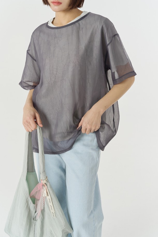 Juliapepe - 반소매 티셔츠 - See-through Layered Top (Charcoal)