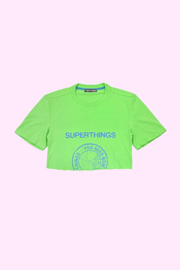 SUPERTHINGS - 반소매 티셔츠 - 로고 포인트 컷아웃 크롭 티셔츠 (2 COLOR)