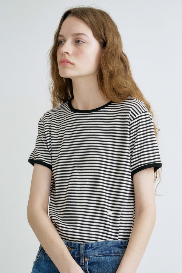 ANEDIT - 반소매 티셔츠 - S Punching Stripe Rip Tshirt_Ivory Black