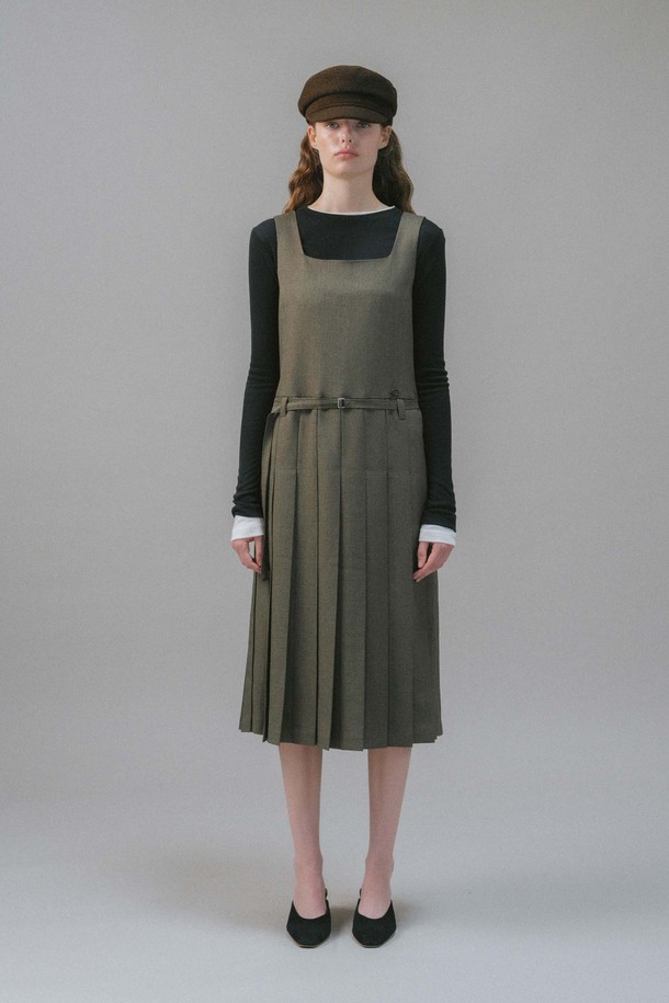 ANEDIT - 민소매 원피스 - U Belt Pleats Layered Dress_2colors