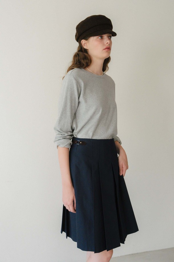 ANEDIT - 미디스커트 - U Pleats Leather Detail Skirt_2colors