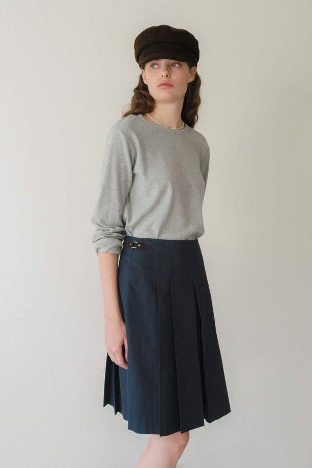 ANEDIT - 미디스커트 - U Pleats Leather Detail Skirt_2colors