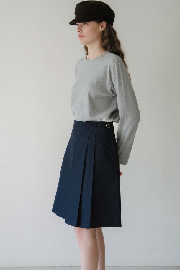 ANEDIT - 미디스커트 - U Pleats Leather Detail Skirt_2colors