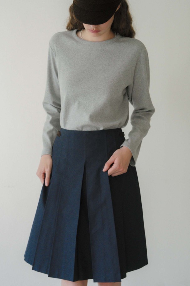 ANEDIT - 미디스커트 - U Pleats Leather Detail Skirt_2colors