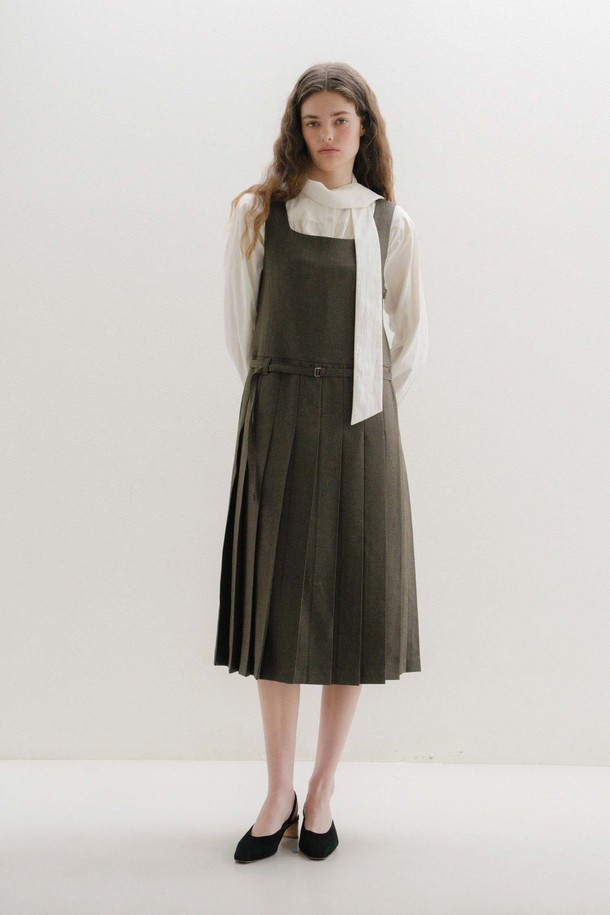 ANEDIT - 민소매 원피스 - U Belt Pleats Layered Dress_2colors