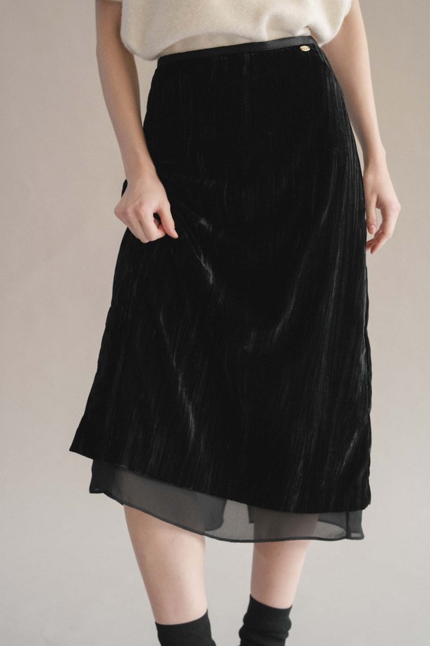 ANEDIT - 미디스커트 - F Wrinkle Velvet Layered Skirt_Black