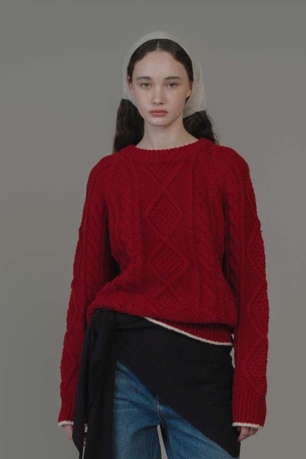 ANEDIT - 스웨터 - F Fine Wool Cable Knit_Haute Red