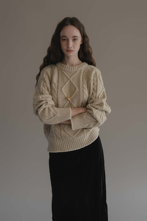 ANEDIT - 스웨터 - F Fine Wool Cable Knit_Sandshell