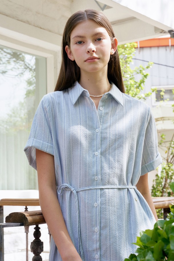 ANEDIT - 블라우스 - S Stripe Daily Half Shirt Dress_Blue