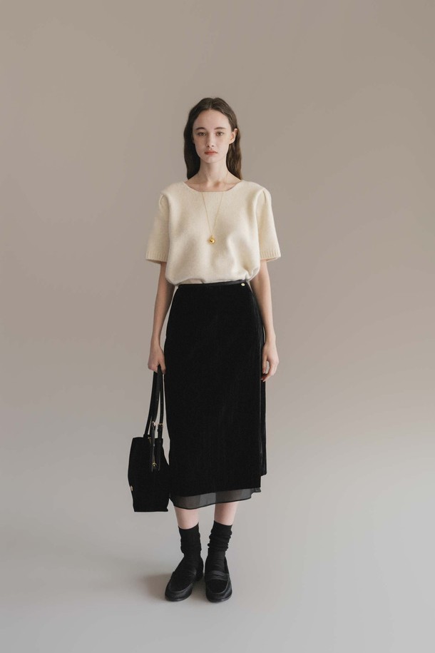 ANEDIT - 미디스커트 - F Wrinkle Velvet Layered Skirt_Black