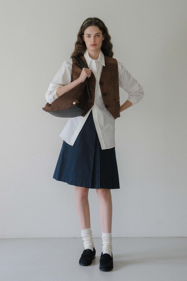 ANEDIT - 미디스커트 - U Pleats Leather Detail Skirt_2colors