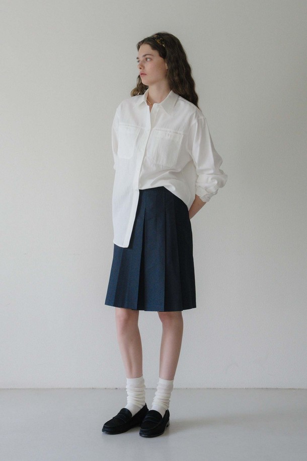 ANEDIT - 미디스커트 - U Pleats Leather Detail Skirt_2colors