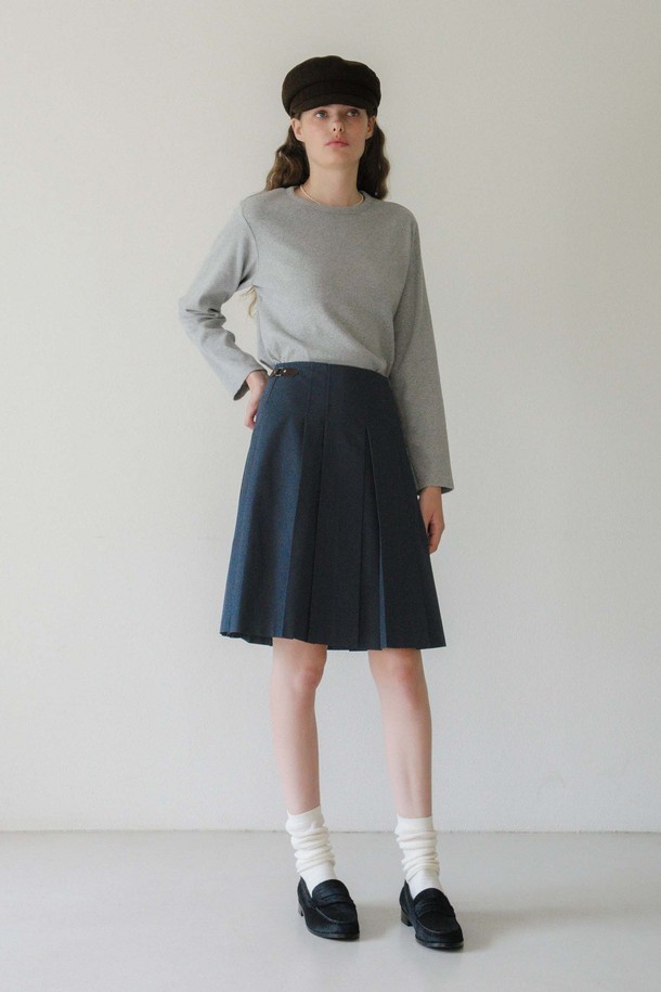 ANEDIT - 미디스커트 - U Pleats Leather Detail Skirt_2colors