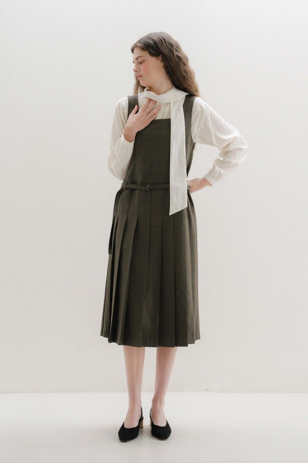 ANEDIT - 민소매 원피스 - U Belt Pleats Layered Dress_2colors