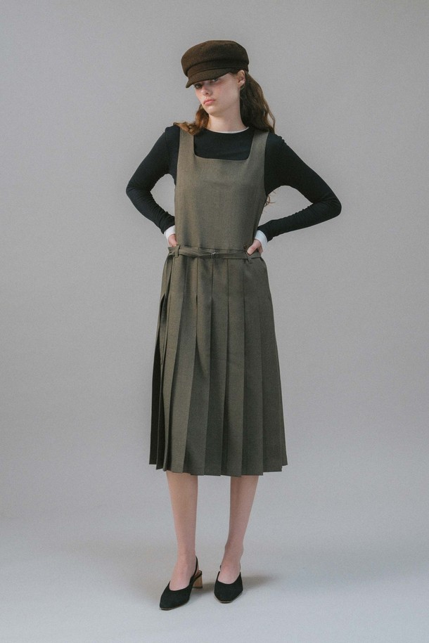 ANEDIT - 민소매 원피스 - U Belt Pleats Layered Dress_2colors