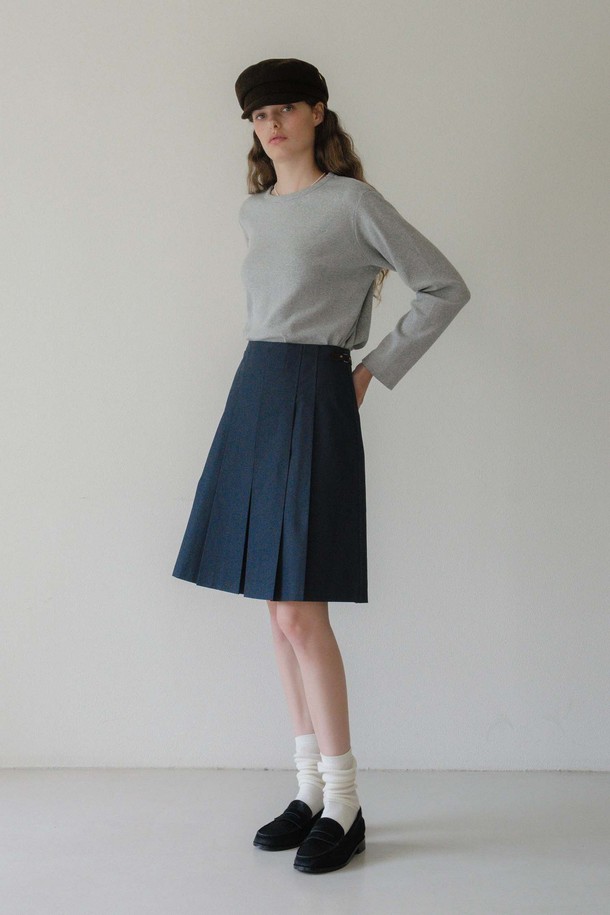 ANEDIT - 미디스커트 - U Pleats Leather Detail Skirt_2colors