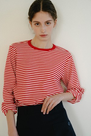 Stripe Ribbed Long Sleeve Tshirt_Red Ivory